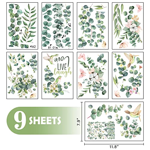 Mfault 9 Sheets Spring Summer Eucalyptus Leaves Window Clings, Hanging Vine Green Plant Botanical Stickers Decals Greenery Decorations, Live Laugh Love Evergreen Leaf Home Kitchen Decor #TOP1