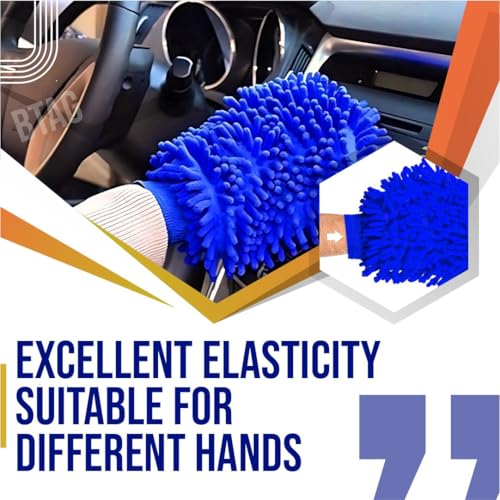 Image of Btag Double Sided Microfibre Wash Mitt Cleaning Gloves (2 Pcs, 2400 GSM, Size 26 X 19 Cm, Extra Large, Super Absorbent, Big Chenille Mitt Glove) (Blue)