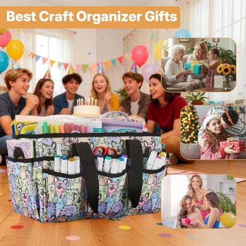 JOSIVIKY Craft Organizer Tote Bag, Art Caddy Bag with Multiple Pockets, Sewing Bags for Scrapbooking, School, Home and Office Supplies (Cat) — view 6