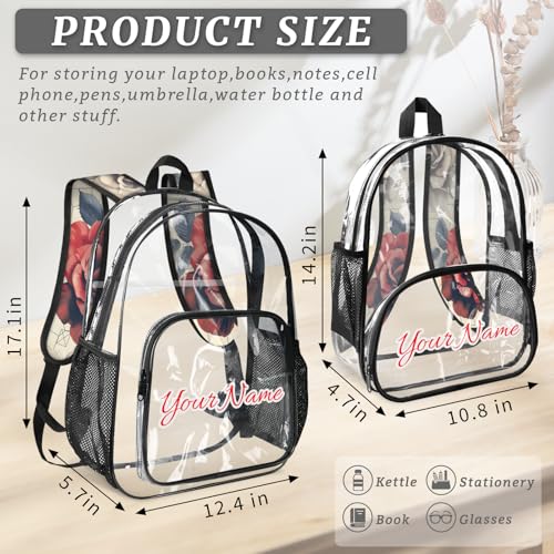 Personalized Small Clear Backpack Stadium Approved Heavy Duty PVC Plastic Custom Vintage Rose Transparent Backpacks See Through Bag with Name, Flowers4