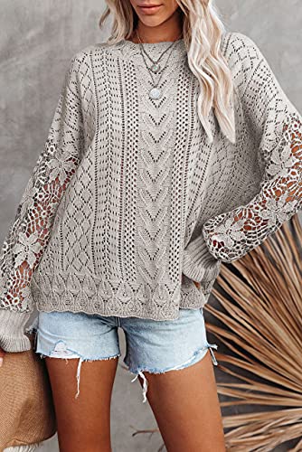 Women's Crochet Sweaters Lace Long Sleeve Crewneck Hollow Out Cable Knit Pullover Jumper Tops4