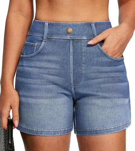 IUGA Stretchy Jean Shorts for Women Denim Shorts Pull On Jorts Women High Waisted Summer 5 Inseam Shorts 2026 (Whisker Vintage Blue Wash XXL)