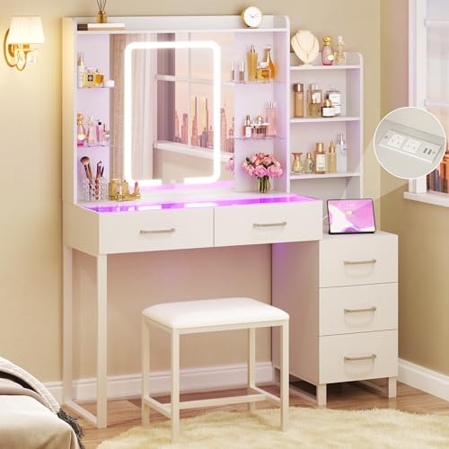 Image of HUAHUU Vanity Desk with Mirror and Lights 3 Colors, 43.3 inch Makeup Vanity with Glass Top & RGB Light, White Vanity Table Set with Stool, 5 Drawers & Power Outlet for Bedroom Dressing Room