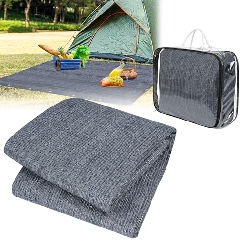 FIVMEN Tapis d'auvent - 400 x 600 cm - Tapis de camping - Antidérapant - Lavable - Avec trous - Piquets et sac de transport - Gris et bleu