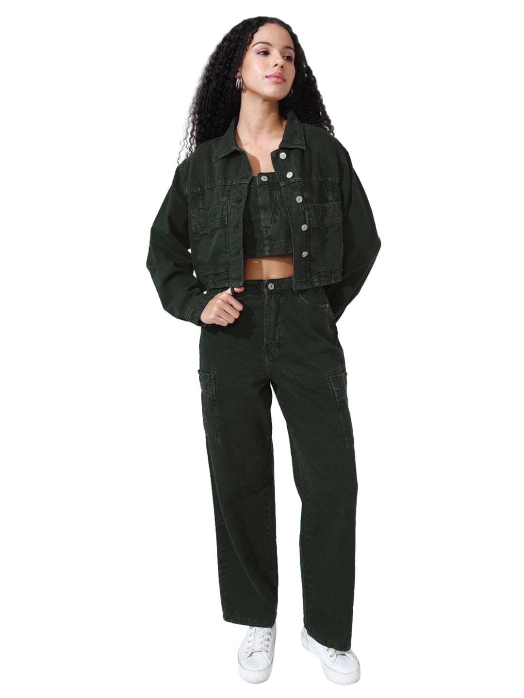 Women's Olive Top and Jeans Co-Ords Set with Over Jacket-IM-11614-15-13_Olive