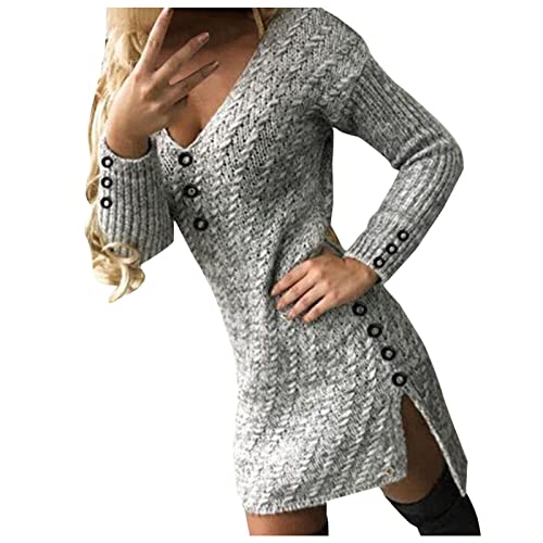 Nsercvb Strickkleid Damen,Pulloverkleid Damen Strickkleid Sexy V-Ausschnitt Seitenschlitz Elegant Herbst Winter Kurz Minikleid Strickkleider Langarm Oberteile Pulli Strick Midi Kleid Winterkleid Cover