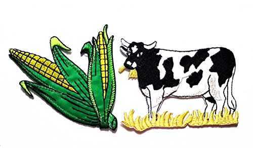 Nipitshop Patches Set 2 Pcs Cute Cow Farm Animal Corn on the cob maize veggies vegan vegetarian embroidered applique iron-on patch for Clothes Backpacks T-shirt Jeans Skirt vests scarf Hat Bag