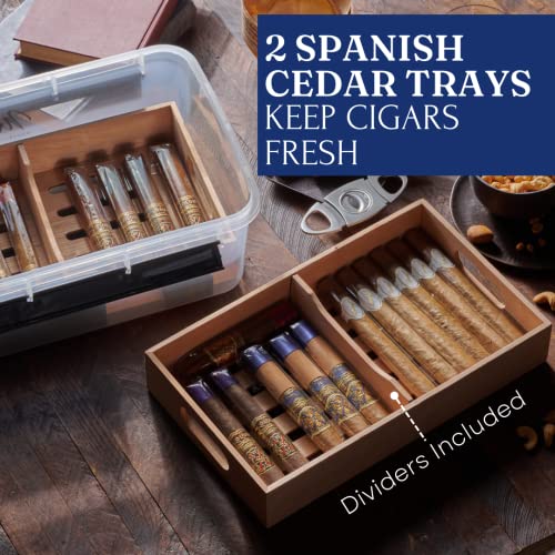Mantello Cigar Tupperdor- Humidor Plastic Container Kit, Cigar Humidors, Container With 2 Spanish Cedar Trays, Includes Digital Hygrometer And Humidifier, Airtight Cigars Container #TOP4