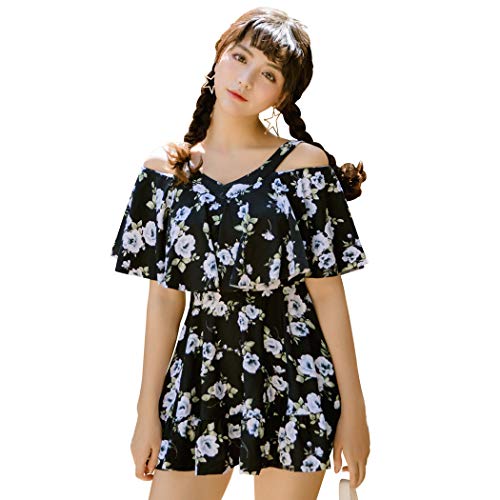 TeddyShop 水着 レディース 体型カバー ワンピース 大人 オールインワン オフショルダー フレア 大きいサイズ hys1515 3XL(15号) ブラック×ブルーフラワー