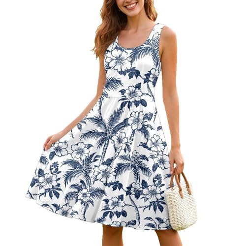 Image of Women Stylish Tank Dresses Sleeveless Round Neck Midi Casual Dress with Pocket for Summer