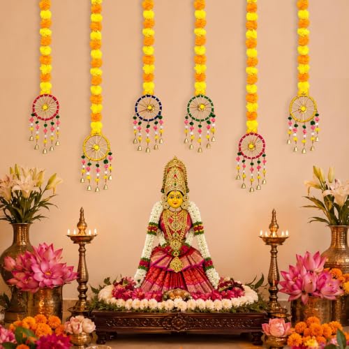 Image of Party Propz Artificial Marigold Hanging Decoration Items with Chakra Latkan- 6Pcs Ganpati Decoration Setup for Home, Varamahalakshmi Decorative Items, Door Hanging, Wall Latkan, Krishna Janmashtami