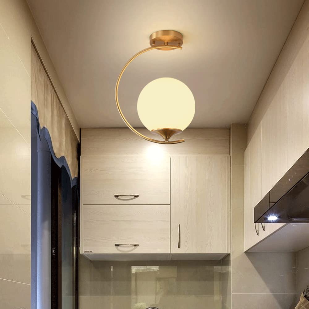 Nowoczesna półwpuszczana lampa sufitowa w kolorze złotym, z połowy wieku, montaż sufitowy ze szklanym abażurem, lampa sufitowa do korytarza, kuchni, sypialni