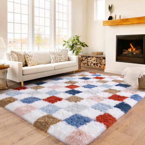 Checkered Rug for Bedroom 5x7, Red and Blue Colorful Ultra Shag Area Rugs