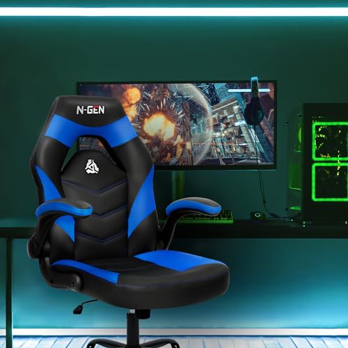 N-GEN GAMING Video Gaming Computer Chair Ergonomic Office Chair Desk Chair with Lumbar Support Flip Up Arms Adjustable Height Swivel PU Leather Executive with Wheels for Adults Women Men (Blue)