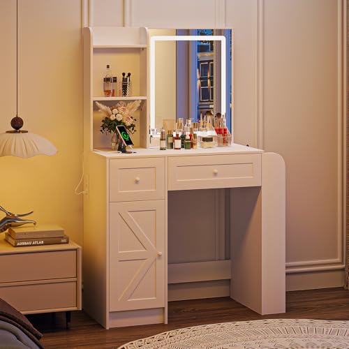 Image of Zvivofla Makeup Vanity Desk with Lighted Mirror & Power Outlet, White Vanity Table with 3 Color LED Lights, Shelves, Drawers, Cabinet, Modern Bedroom Dressing Table