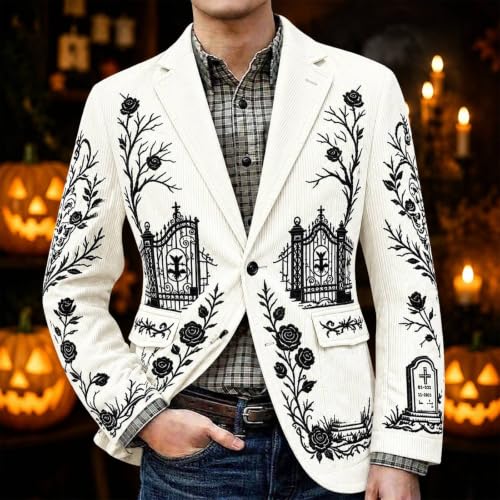 Men Gothic Halloween Corduroy Blazer Cemetery Rose Gate Printed Jacket - image 3