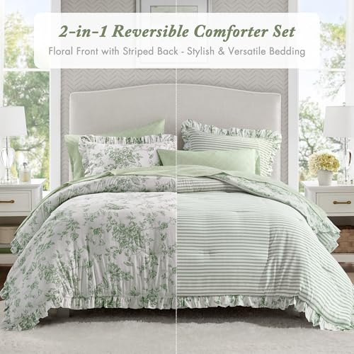Image of Madison Park Essentials Adele Green Floral King Size Comforter Set - Vintage Bed in a Bag with Sheets, Reversible Ruffle Bedding, Elegant Gift for Her