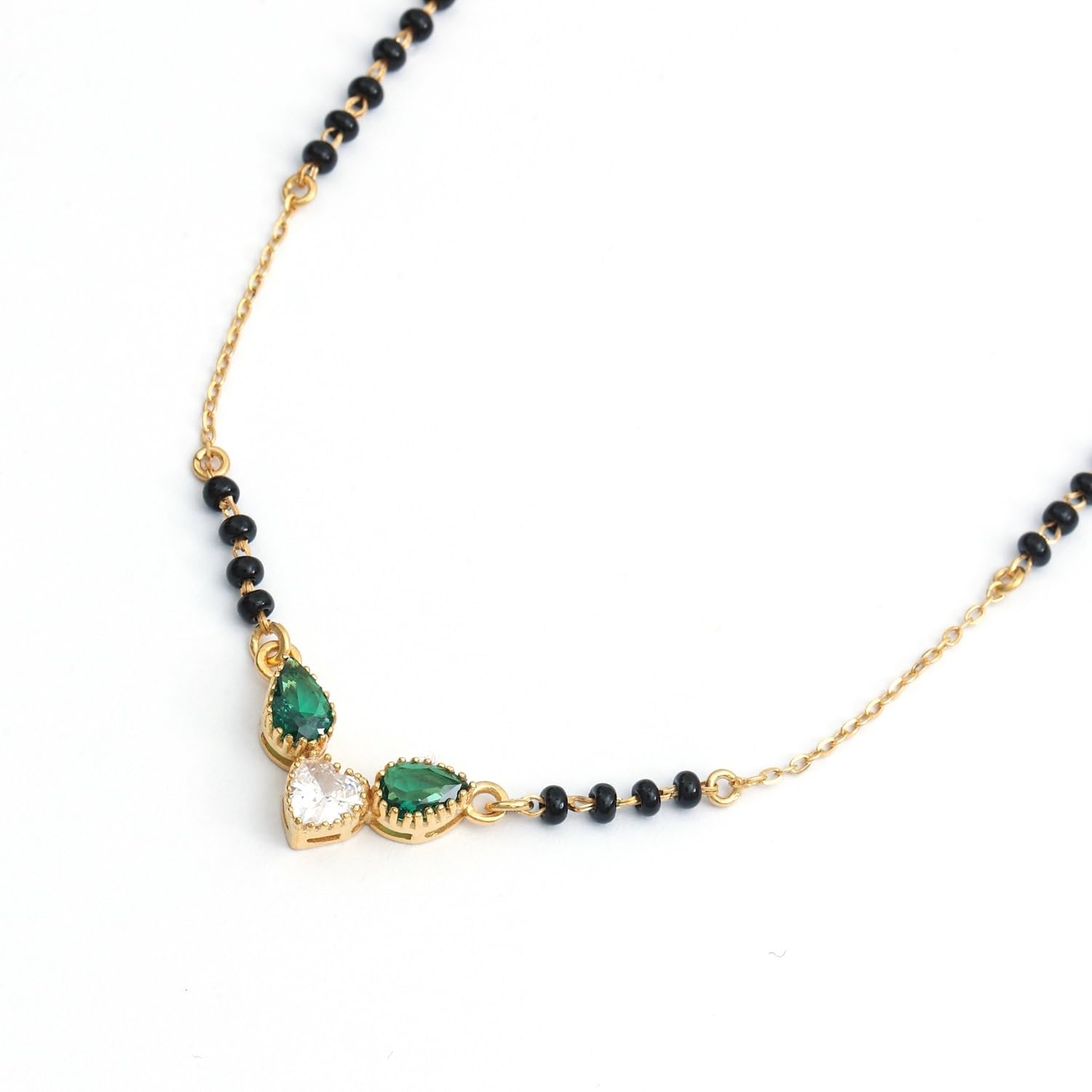 925 Sterling Silver Black Mani/Bead 1gm 18k Micron Gold Plated 18 Inch Green gem Mangalsutra | Tanmaniya | Thali Chandi Pendant Chain Necklace | Pure Silver Gift for Women/Wife-image-31