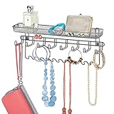 mDesign Decorative Metal Closet Wall Mount Jewelry Accessory Organizer for Storage of Necklaces, Bracelets, Rings, Earrings, Sunglasses, Wallets - 8 Large /11 Small Hooks, 1 Basket - Graphite Gray