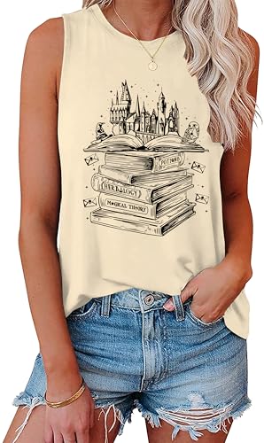 Image of Tewmeu Flourish and Blotts Tank Tops Cute Book Graphic Tshirts for Women Wizard Magical Costume Clothes, Apricot Single, M
