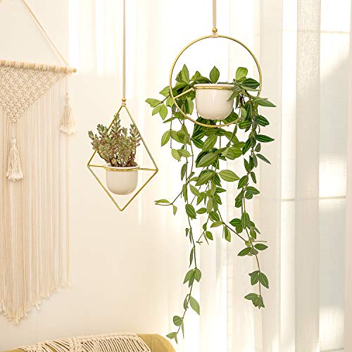 Mkono 2 Pcs Mini Hanging Planter Vase Set, 3.5" White Ceramic Plant Pot With Gold Metal Geometric Plant Hanger Modern Window Ceiling Planters For Small Succulent Cactus Herb Air Plant (Pots Included) #TOP1