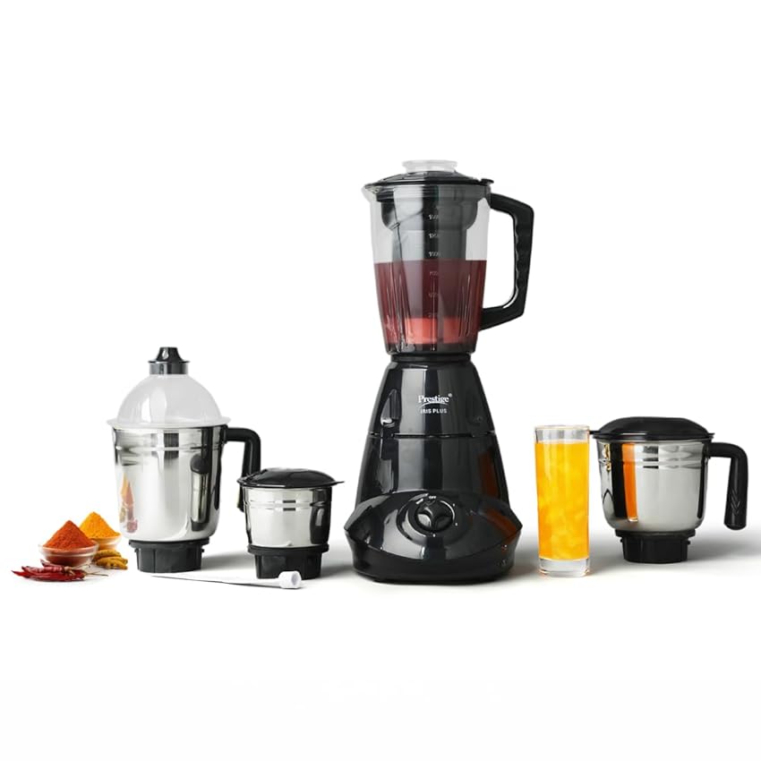 Prestige Iris 750 Watt 4 Jar Mixer Grinder | 3 barattoli multiuso in acciaio inox e 1 barattolo spremiagrumi | Nero | 750W