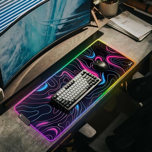 Image of Gerlos RGB Gaming Mouse Pad, Large LED Desk Mat, 31.5 x 11.8 Inch | 12 light modes, non-slip base, water-resistant surface, stitched edges