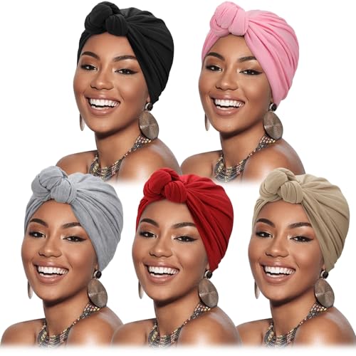 Image of DRESHOW 5 Pack Knotted Headwraps for Women African Turban Pre-Knotted Beanie Headwraps Hair Covers