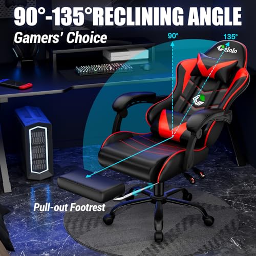 Image of Czlolo Gaming Chair with Footrest Racing Style Lumbar Support Massager Video Game Chair with Metal Legs, High Back Reclining Gamer Chair with Headrest, 360 Swivel Office Computer Desk Chair (Red)