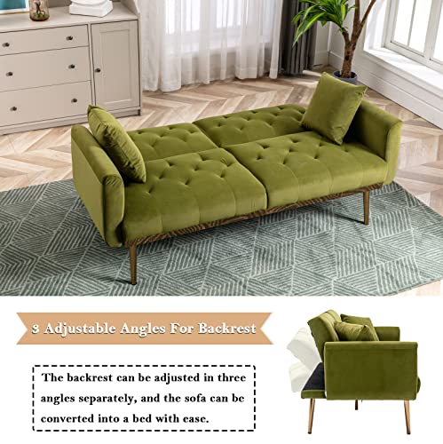 Antetek Velvet Futon Sofa Bed With 3 Adjustable Positions, Small Sleeper Sofa Loveseat With 2 Decorative Pillows, Modern Upholstered Convertible Couch With 5 Metal Tapered Legs (Olive Green) #TOP3