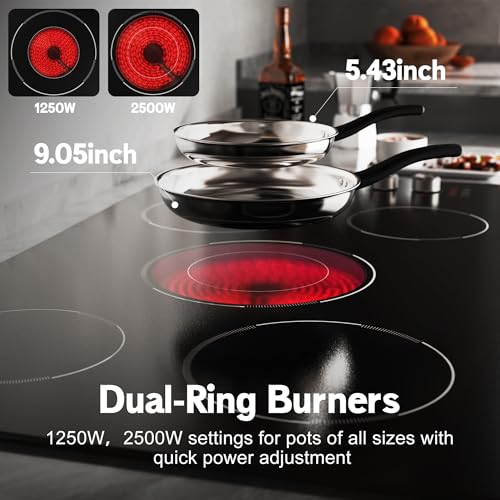 Image of 36 Inch Electric Cooktop 5 burner Karienvir, 8900W Built-in Electric Stove Top, Cooktop 36 inch with Double-ring Burner, Knob & Touch Control, 9 Power Levels, Timer, Safety Lock, 220V-240V Hard Wire