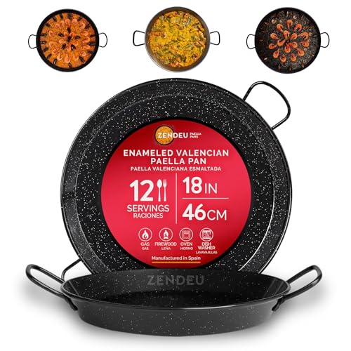 ZENDEU - Paellera 18' - Paellera Acero Esmaltado, Hecho en España - Fácil Limpieza - Acero Esmaltado, 18' - 46 cm (12 Raciones) Cocine su propia Paella Española