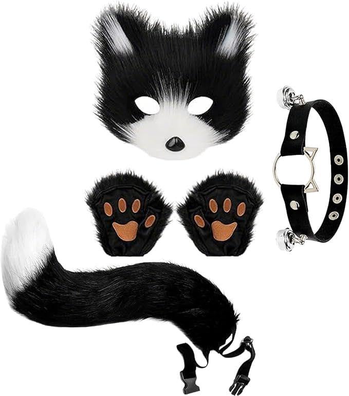 Fox Mask, Wolf Fox Furry Costume Set with Mask Paws Tail for Role-Play