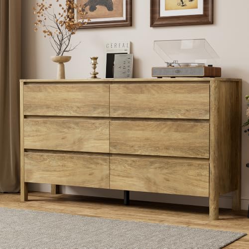 Image of 55.1 inch Wide 6 Drawer Wood Dresser for Bedroom with Legs, Natural Oak