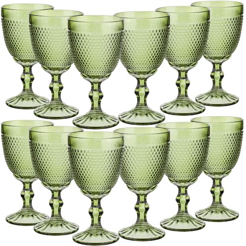 12-Pcs-10-oz-Wine-Glasses-Beads-Colored-Glass-Goblet-Crystal-Classic-Glassware-Embossed-Pattern-Vintage-Goblets-for-Party-Wedding-Friends-Family-Drinking-Water-BeverageGreen