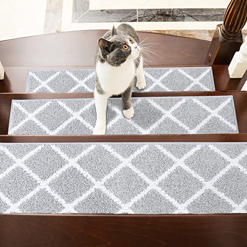 COSY HOMEER Edging Stair Treads Non-Slip Carpet Mat 28inX9in Indoor Stair Runners for Wooden Steps, Stair Rugs for Kids and Dogs, 100% Polyester TPE Backing 4pcs,Grey