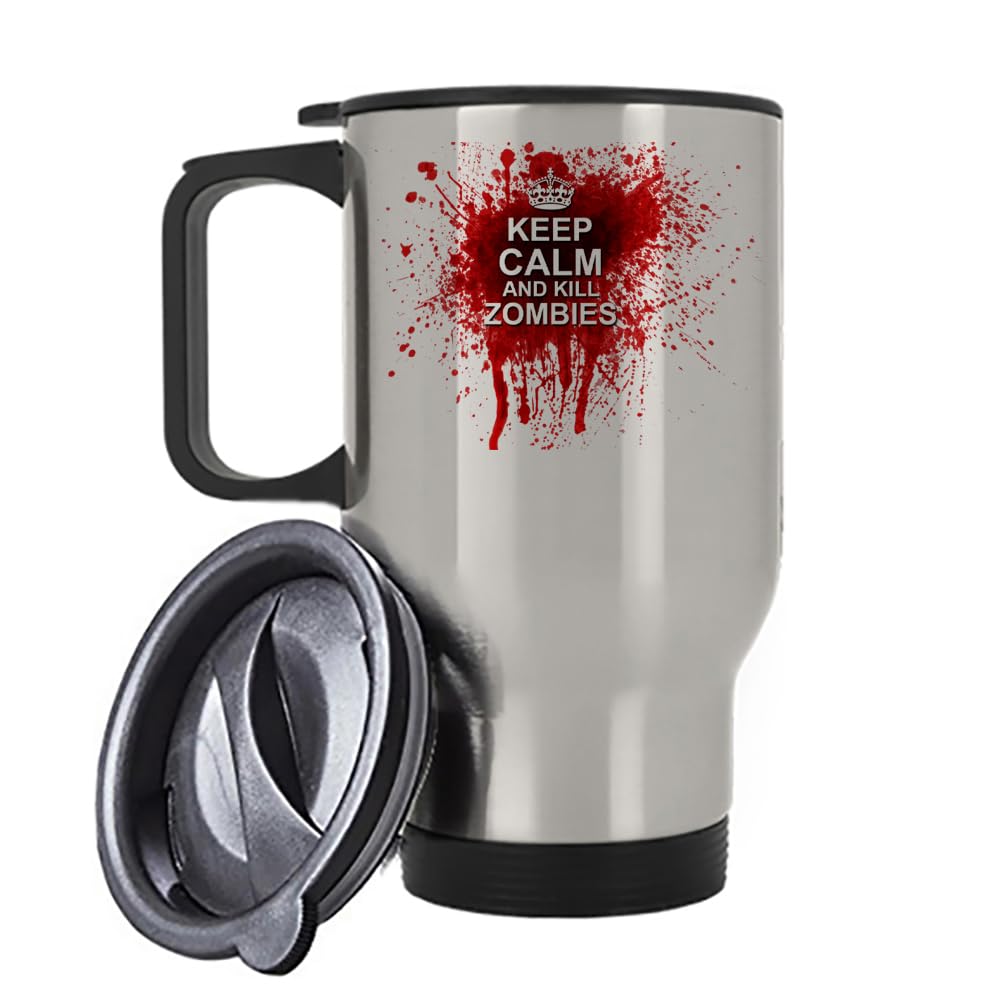 Keep Calm and Kill Zombies, Gift for Halloween, Xmas, Insulated Travel Mug, Tea, Coffee Mug. (Silver)