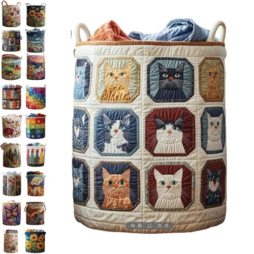 Image of Quilted Laundry Baskets with Handles, Large Floral Fabric Hampers, Extra Soft Boho Chic Storage Organizer for Nurseries, Collapsible Clothes Bins, Portable Bedroom Washing Container