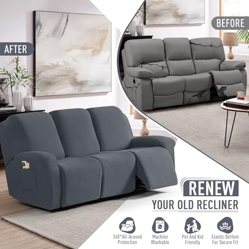 Image of TAOCOCO Recliner Sofa Covers 8-Pieces Stretch Large Couch Covers for 3 Seats Reclining Slipcovers Soft Jacquard Pattern Furniture Protector (Grey)