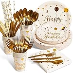 200 pieces of white and gold birthday party supplies, disposable happy birthday tableware set, gold plastic knives, forks, spoons, straws. Birthday themed tray, cup,25Guests（white）