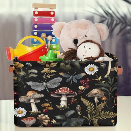 Image of Mushrooms Daisies Storage Baskets for Organizing, Fabric Collapsible Storage Bins Box Forest Plants Decorative Toy Organizer Baskets for Closet Shelves Gift Basket 2Pcs