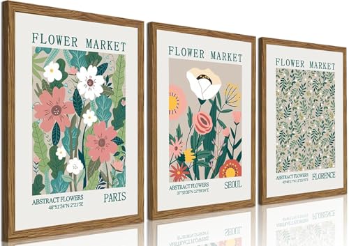 Wood Framed Flower Market Canvas Wall Art set of 3 - Vintage Colorful Floral Pictures Wall Decor, Abstract Botanical Aesthetic Paintings Prints for Bedroom Living Room Office 12x16 inch
