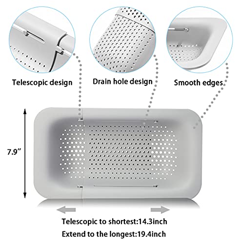 Image of Sink Colanders and Strainers Basket Retractable Plastic Fruit Vegetable Strainer Drainer Basket for Kitchen (Length 14.3 inch-19.4 inch) (White)