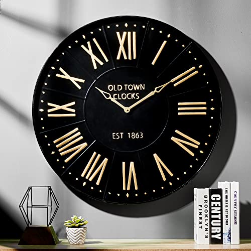 Glitzhome 31.2" D Oversized Decoration Wall Clock With Roman Numerals, Modern Farmhouse Metal Enamel Wall Clocks For Kitchen Living Room Bedroom Office School,Black/Gold #TOP7
