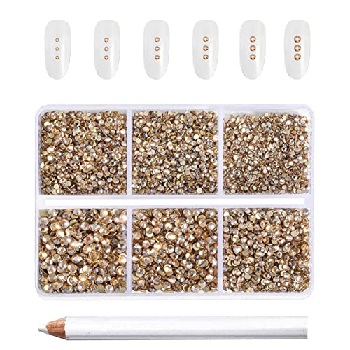 Beadsland 7200 Pcs Flatback Rhinestones for Nails,Gold Round Small Crystal Rhinestones Gems for Crafts,Mixed 6 Sizes with Wax Pencil Kit,SS3-SS10,Golden Shadow