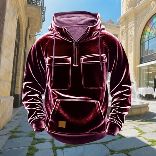 Velvet Quarter Zip Tactical Hoodies for Men Vintage Cargo Pullover Outdoor Workout Hooded Sweatshirt with Pockets2