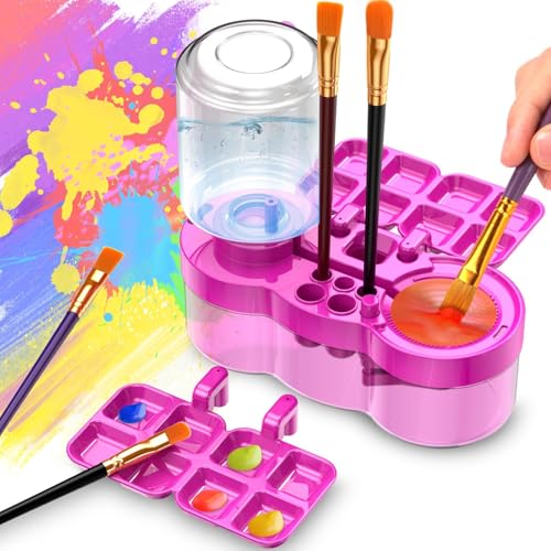 Image of Parssufy Paint Brush Cleaner with Paint Tray, 6-in-1 Water Circulation Rinser Paintbrush Cleaner with Drain & Brush Holder, Watercolor Dispenser & Paint Palette, Paint Brush Washer (Purple)