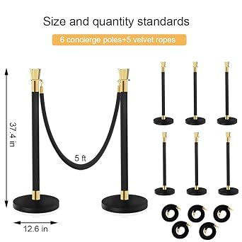 Crowd Control Stanchion, Set with 5 ft/1.5 m Red Velvet Rope,Stanchion Rope Divider, Black Gold Queue Barrier Line Divider with Fillable Plastic Base, Airport(6)