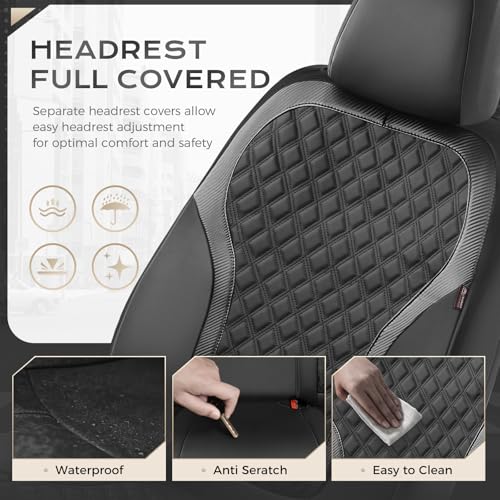 Image of Coverado Seat Covers Full Set, Luxury Leather Car Seat Cover with Carbon Fiber Accents Design, Spill-Proof Durable Black Automotive Seat Covers, Front and Rear Seat Protectors Universal Fit Most Cars