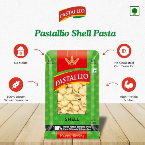 Image of Pastallio Shell Rigati Pasta | 500g x 2packs (1kg) | Made of 100% Durum Wheat Semolina (Suji) (Shell Pasta)